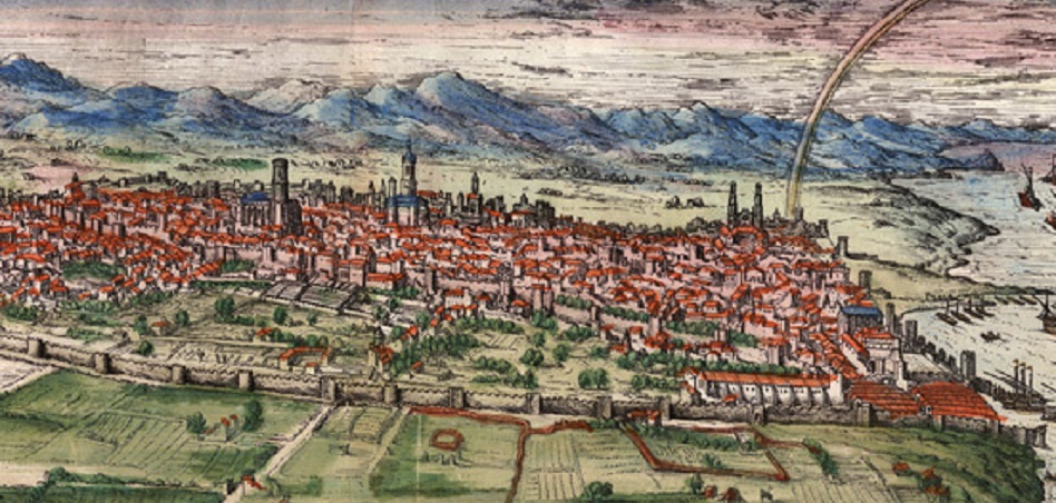 Panorámica de Barcelona realizada por Jan Conerlisz Vermeyen (1572), basada en un imagen anterior del 1535, hoy desaparecida. FUENTE: Ayuntamiento de Barcelona