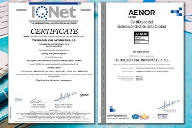 Certificado de calidad ISO 9001:2015 de Aenor otorgado a Temática Software.