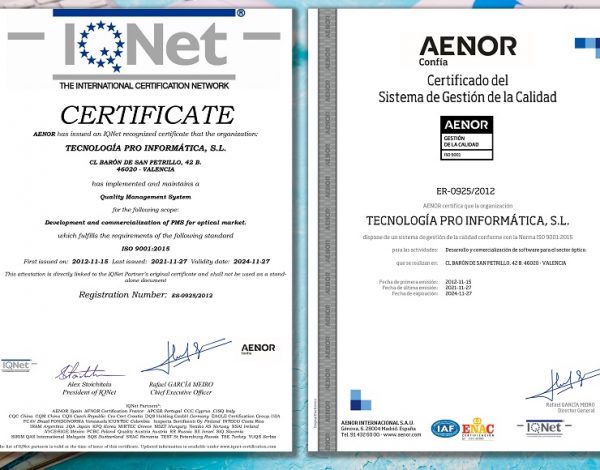 Certificado de calidad ISO 9001:2015 de Aenor otorgado a Temática Software.